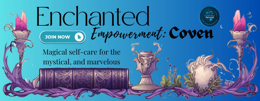 The Enchanted Empowerment Coven Logo featuring a magical book of shadows and candles